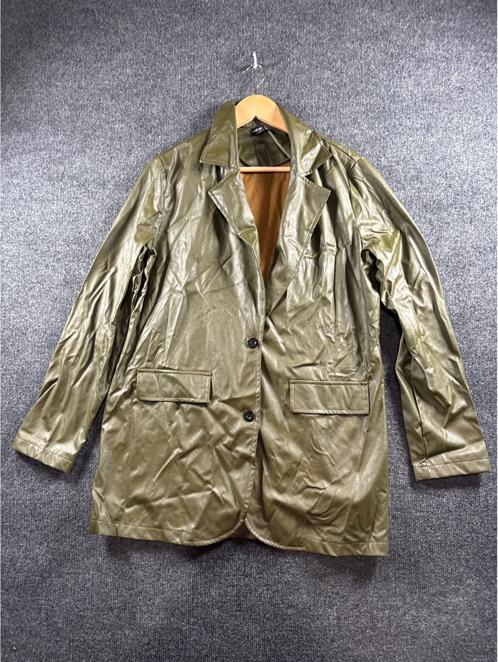 SHEIN Womens M Olive Green Faux Leather Blazer Jacket Long Sleeve Two Button